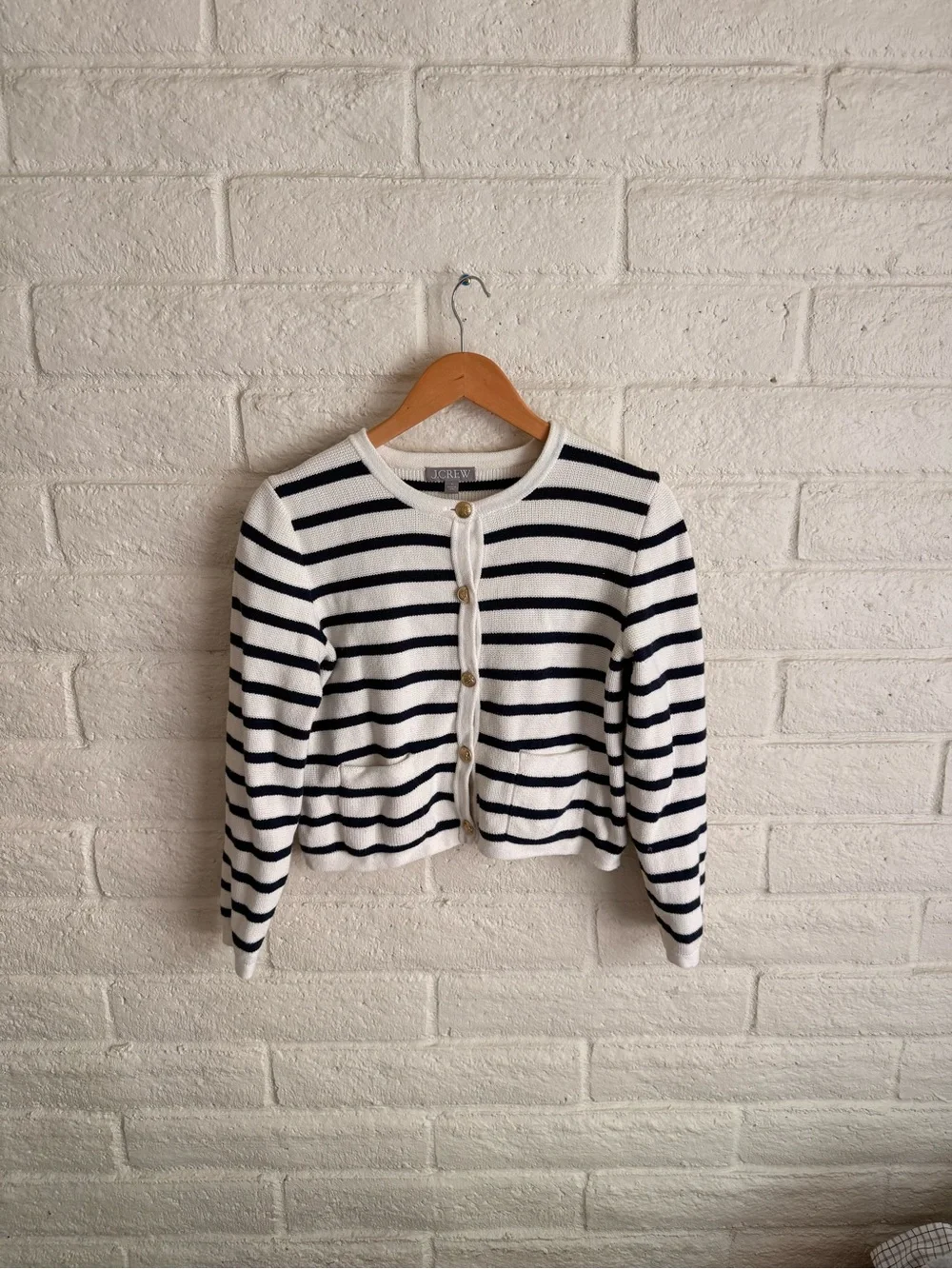 J. Crew Navy and White Striped Button Cardigan